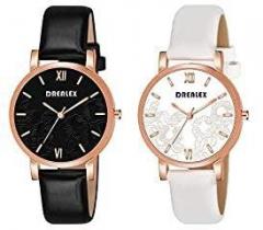 DREALEX Analogue Leather Strap Girls & Women's Watch Black & White Dial Black & White Colored Strap Pack of 2