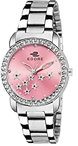 Edore Elegant Star Studded Diamond Pink Dial Stainless Steel Band Water Resistant Watch for Women/Girls