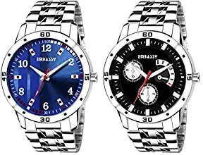 Analogue Men's Watch Blue & Black Dial Silver Colored Strap pack of 2