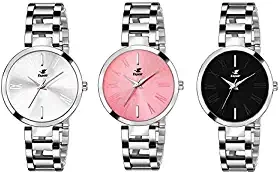Analog Stainless Steel Combo Pack of 3 Multi Colour Dial Girl's and Women's Watch Manisha Combo White Pink Black
