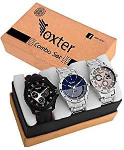 Foxter Quartz Movement Analogue Display Multicoloured Dial Men's Watch ARMBLK~27GREY~27SMILY Pack of 3