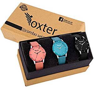 Foxter Three Analogue Multi Color Dial Watches Combo For Women And Girls 605 Orng Skblue Blk