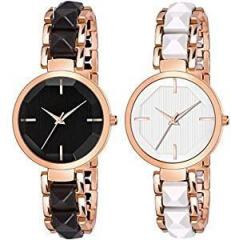 FROZIL Analog Black White Dial Stainless Steel Strap Combo Watch for Womens and Girls Pack of 2