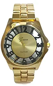 Geneva Platinum Analog See Through Dial Black Numerals Gold Bracelet Watch for Men