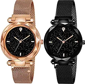 Analogue Girls' Watch Black Dial Black & Gold Colored Strap Pack of 2