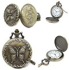 GT Gala Time Vintage Retro Classic Antique Butterfly Key Chain Design Unisex Pocket Watch for Men & Woman