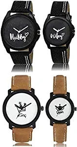 HARMI CREATIVE Unisex Black Hubby Wifey and King Queen Leather Strap Combo Analog Watch for Couple Pack of 4
