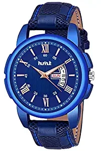 Blue Dial Date n Day Display Blue Leather Strap Analogue Wrist Watch for Men