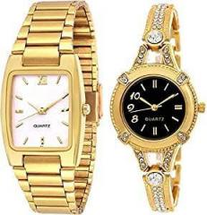 indicare Analogue unisex Watch White & Black Dial Gold Colored Strap Pack of 2