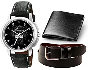 Round Dial Leather Strap Elegant Analogue Wrist Watch with Black Leather Wallet and Belt