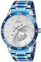 jainx Blue Day & Date Feature Silver Dial Analogue Men's Watch