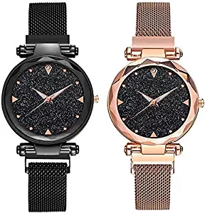 Casual Designer Black Dial Combo of Magnet Watch Pair of 3 for Girls & Women Black Purple Copper