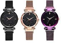 K.D ENTERPRISE LIVE EVERY SECOND Women's & Girl's Watch Black; Purple; Rose; Gold Colored Strap Pack of 3