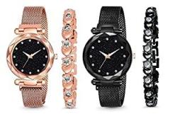 K Vajir Newest Analogue Woman Gift Magnet Belt Gold Black Dial Watch with Bracelet Watch for Girl Or Woman | Stylist Watch Wear in Any Occasion Or Gift Watch for Girl Or Woman Pack of 4Pc Combo