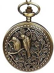 Kartique Unisex Full Hinder Pocket Watch With Chain Love Birds Sitting On Flower Embossing Can Be Used As Pendant Necklace Locket Analogue Display Bronze Color Watch With Wooden Box