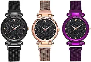 KDENTERPRISE Casual Analogue Designer Black Dial Combo of Magnet Watch Pair of 3 for Girls & Women Black Purple Copper