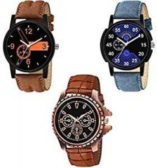 LEVERET Perfect Multicolor Leather Strap Combo Pack of 3 Analog Watch for Men