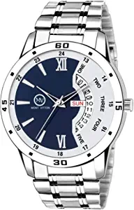 LIMESTONE Montvitton Day and Date Functioning Silver Color Metal Strap Blue Dial Quartz Wrist Watch for Men with Brass Dial and Metal Chain