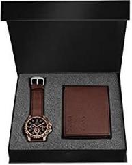 LORENZ Luxury Brown Leather Men's Wallet And Watch Combo Set 5G CUHL XQAR