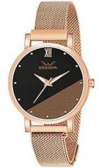 LOUIS DEVIN Black Dial and Rose Gold Plated Band Mesh Chain Analog Wrist Stainless Steel Watch for Women RG142 BLK