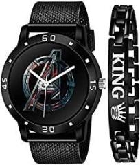 MARCLEX New Quartz Watch for Men Branded Avengers Full Black Watch with King Bracelet Analog Watches Black Colour Dial Watch for Men Stylish Watch for Boys Watches for Men Watch Men