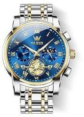 OLEVS chronograph Men's Stainless Steel Watch Blue Dial Silver Colored Strap