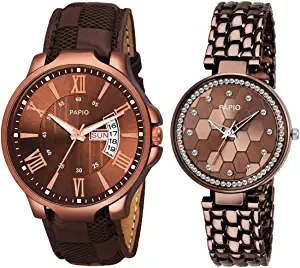 Brown Color Day Date & Diamond Studded Men' Watches and Women's Watches Analog Couple Watch