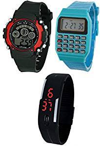 Pappi Boss KIDS CHOICE Unisex Pack of 3 Sports 7 Light, Calculator & Jelly Slim LED Band Digital Wrist Watch for Kids, Children