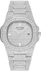 PINTIME Luxury Mens/Womens Unisex Diamond Analog ling Iced Out Watch Oblong Wristwatch Crystal Quartz Metal Watch