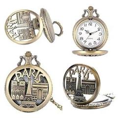 Pocket Watch Gift | Paris Tower Embossing | Numerical Dial | Metal Keychain Design | Bronze | Vintage | Antique Style Unisex Watch for Men Woman