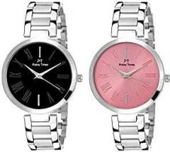 Praizy Times Analogue Dial Women's Watch Black & Pink Dial Silver Colored Strap