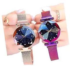 Premium Black Round Diamond Dial with Latest Generation Purple & Rosegold Magnet Belt Analogue Watch for Women Pack of 2 DM PURPLE ROSEGOLD06