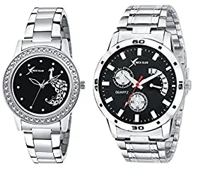 Analogue Men & Women's Watch Black Dial Silver Colored Strap Pack of 2