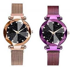 Round Diamond Dial with Latest Generation Purple & Rosegold Magnet Belt Analogue Watch for Women Pack of 2[RosegoldPurple12]