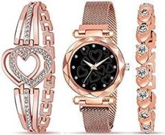 RUSTET Analogue Black Dial Heart Magnet Watch Combo with Bracelet for Women or Girls