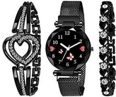 RUSTET Analogue Black Dial Magnet Watch with Gift Bracelet for Women or Girls Combo of 3