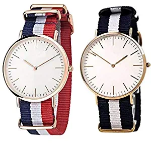 DW 3 Patta Red, White, Blue, Black Belt Analogue White Dial Women's Watch Combo of 2