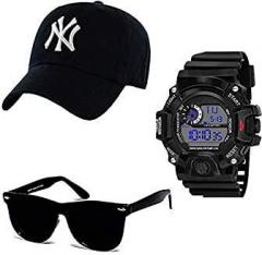 SELLORIA Black Analogue Stainless Steel Watch with Black Sunglass with basboll Cap Black