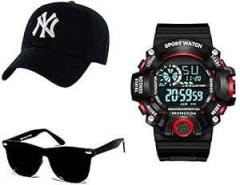SELLORIA Boy's Black Dial Digital Watch with Black Sunglass with Baseball Cap Black