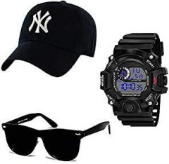 SELLORIA Combo Pack of Black Analogue Stainless Steel Watch with Black Sunglass with basboll Cap Black