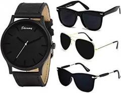 Sheomy Round Dial Synthetic Leather Black Strap Analogue Quartz Men's Wrist Watch and Aviator Sunglasses Combo Black, Medium
