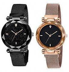 Shunya Black Round Dial with Latest Generation Rosegold Magnet Belt Analogue Watch for Women Pack of 2