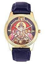 sloka Watches Brass Golden Idol Printed Dial Wrist Watch for Unisex, 4 cm Blue with Lord Ganesha on Dial