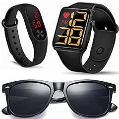 Stysol Kids Square Dial Led Lights Digital Watch Band with Black Wayfarer Sunglasses Combo for Unisex