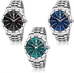 SWADESI STUFF Analogue Men's Watch Black, Green & Blue Dial Silver Colored Strap Pack of 3