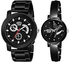 SWADESI STUFF Black Dial Round Shap Analog Elegant Couple Watch for Men and Women Combo of 2