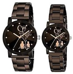 SWADESI STUFF Black Dial Round Shape Stainless Steel Strap Analog Cute Love Couple Watch for Men and Women Combo of 2