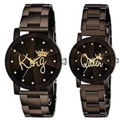 SWADESI STUFF Black King Queen Dial Round Shape Stainless Steel Strap Analog Couple Watch for Men and Women Combo of 2