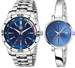 SWADESI STUFF Blue Color Dial Stainless Steel Strap Round Shap Analog Couple Watch for Men and Women Combo of 2