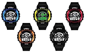 Combo of 5 Digital Black Red Orange Yellow Blue Dial Kids Watch for Boys and Girls
